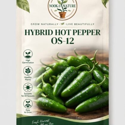 Nook & Nature seed packet for Hybrid Hot Pepper OS-12 featuring green peppers.
