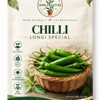 Nook & Nature Chilli Longi Special seed packet featuring a basket of green chillies.