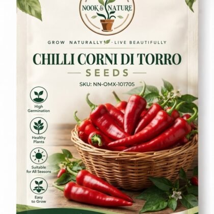 Nook & Nature Chilli Corni Di Torro seeds packet featuring a wicker basket of red chili peppers.