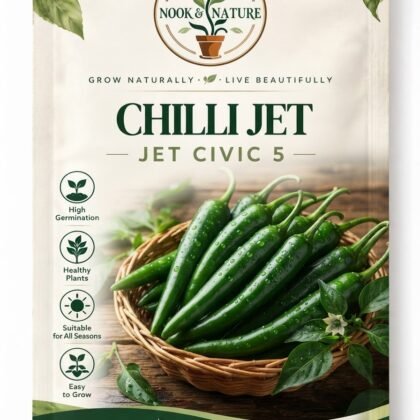 Nook & Nature Chilli Jet Civic 5 seed packet featuring a basket of fresh green chillies.