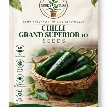 Nook & Nature Chilli Grand Superior 10 seeds packet with a basket of fresh green chillies.