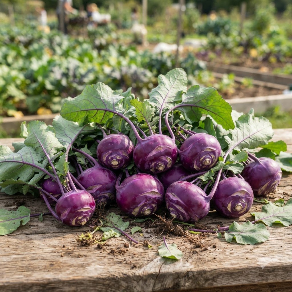 Harvested purple knol khol bulbs with green leaves resting on a wooden table.