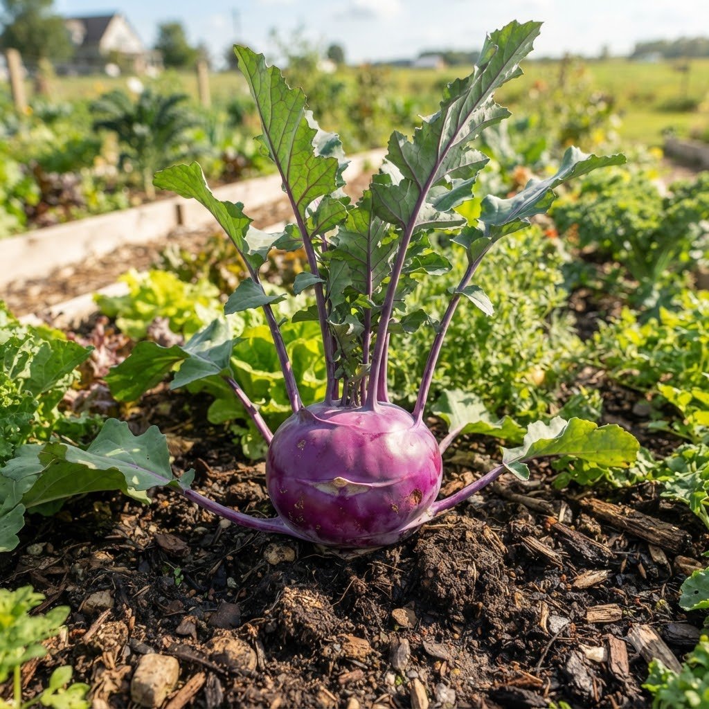 Growing purple knol khol plant in a garden bed with lush green leaves and soil.