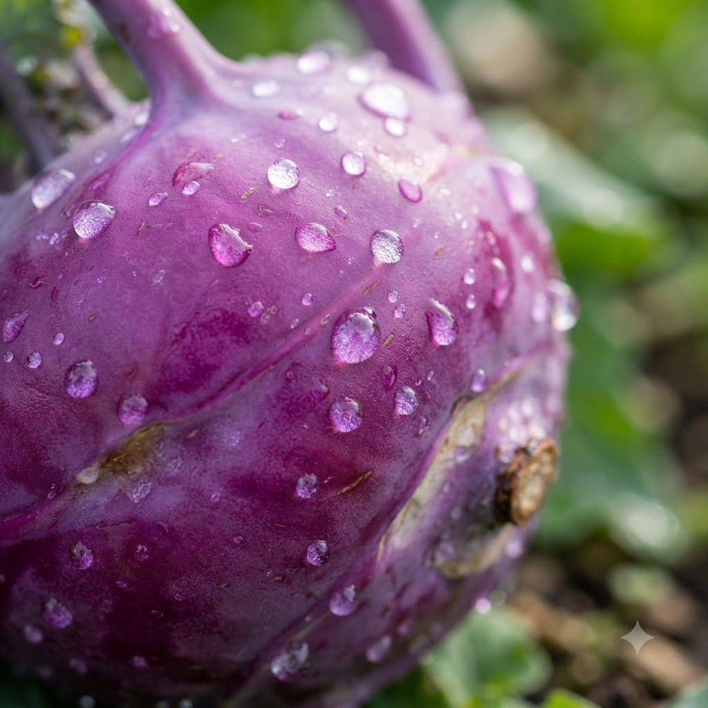 Close-up of a purple knol khol covered in water droplets.