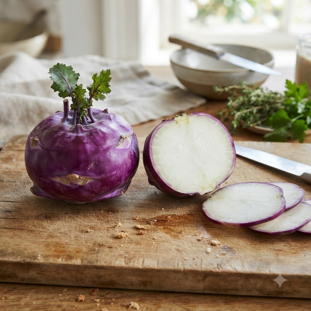 Whole and sliced purple knol khol on a wooden cutting board with herbs in the background.