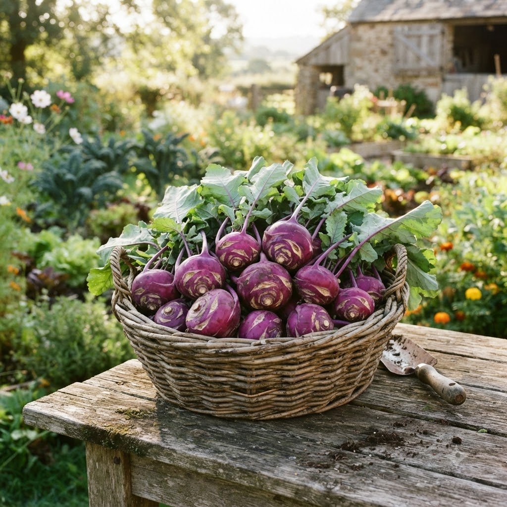 Wicker basket filled with harvested purple knol khol on a wooden table in a garden.