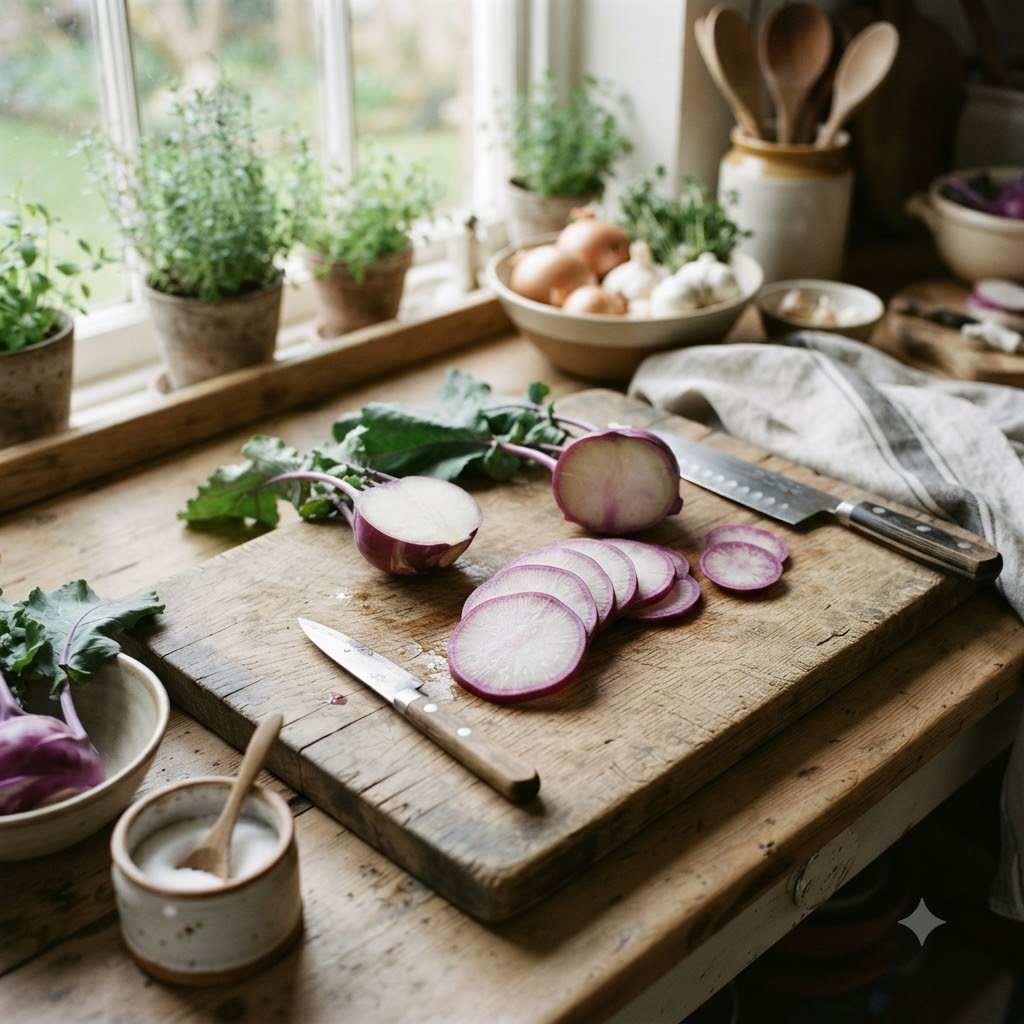 Sliced purple knol khol on a wooden cutting board with knives and potted herbs on a windowsill.