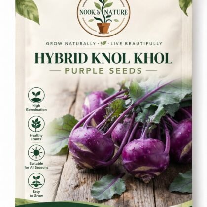 Nook & Nature seed packet featuring purple knol khol on a wooden surface with icons for high germination and easy growth.