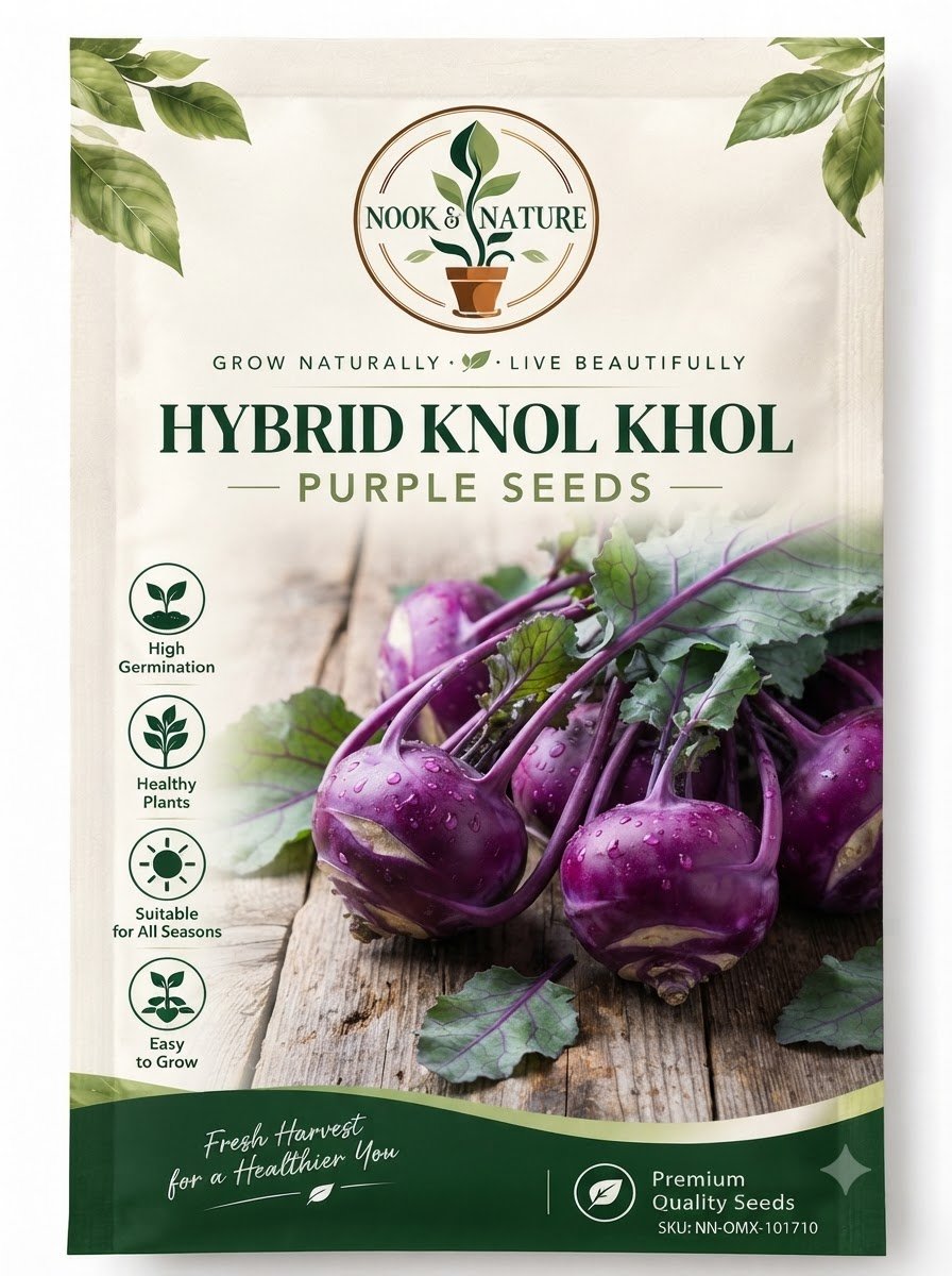 Nook & Nature seed packet featuring purple knol khol on a wooden surface with icons for high germination and easy growth.