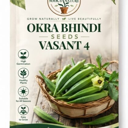 Nook & Nature Okra Bhindi Vasant 4 seeds packet with a basket of fresh green okra.