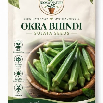 Nook & Nature Okra Bhindi Sujata Seeds packet featuring a wooden bowl of fresh okra.