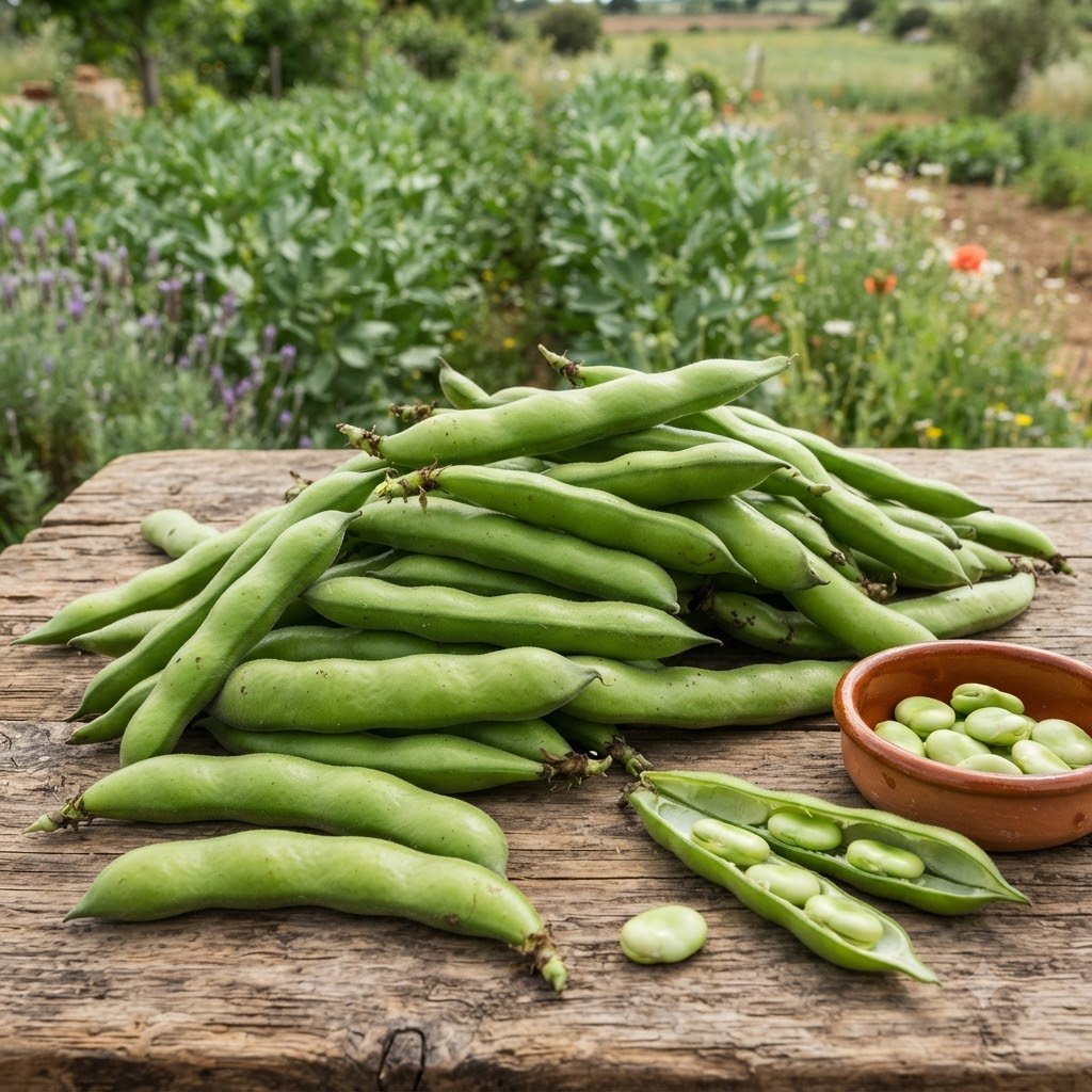 Freshly harvested fava bean pods and shelled beans in a bowl on a wooden table, with a garden in the background.