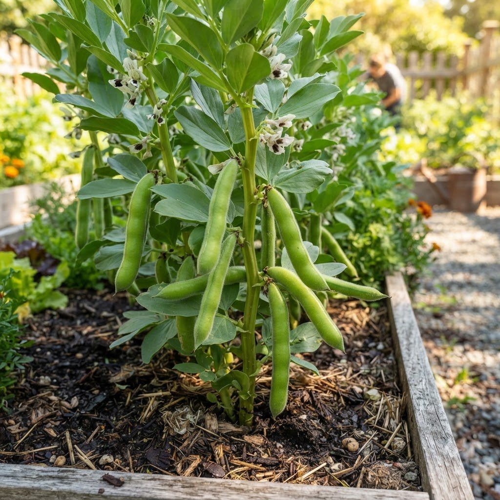 Fava bean plants growing in a raised garden bed with green pods hanging from the stems.