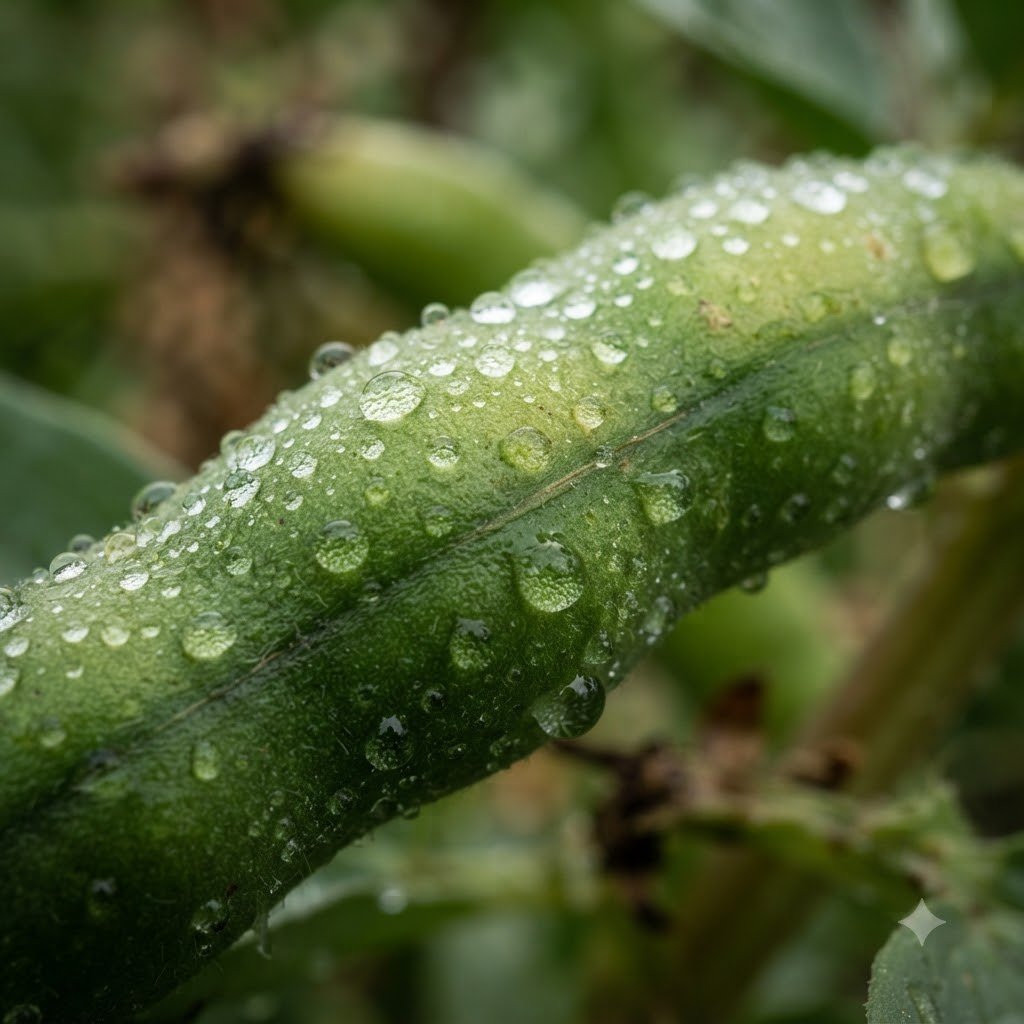 Close-up of a fava bean pod covered in morning dew drops.