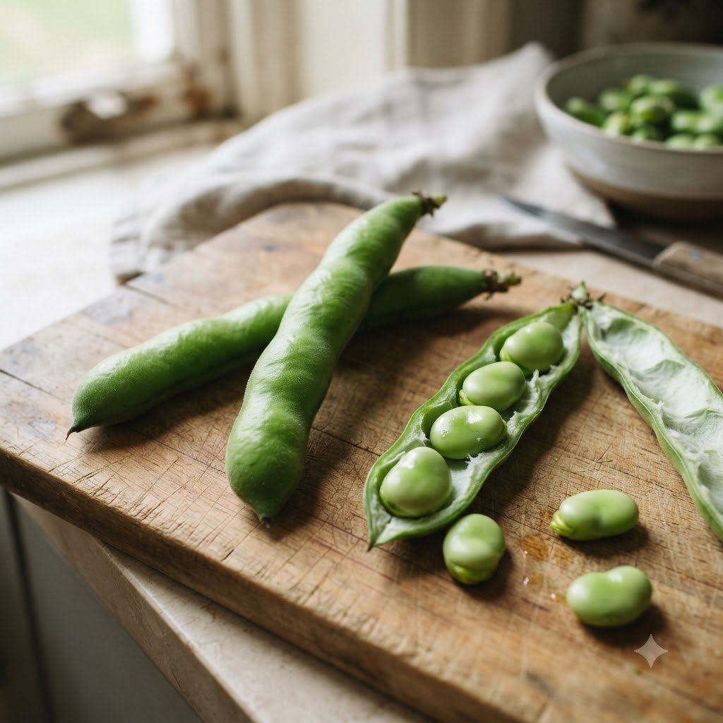 Fresh fava bean pods and shelled beans on a wooden cutting board.