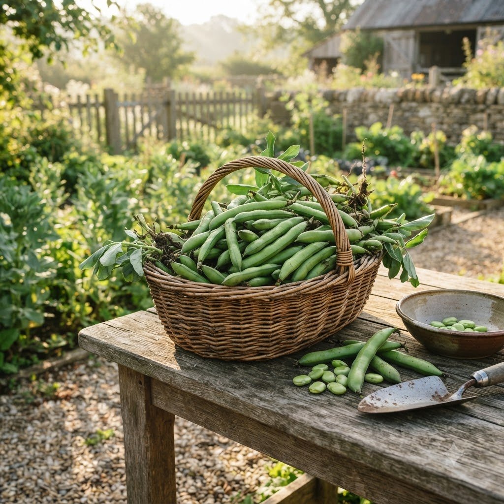 A woven basket filled with freshly harvested fava beans rests on a wooden table in a garden.