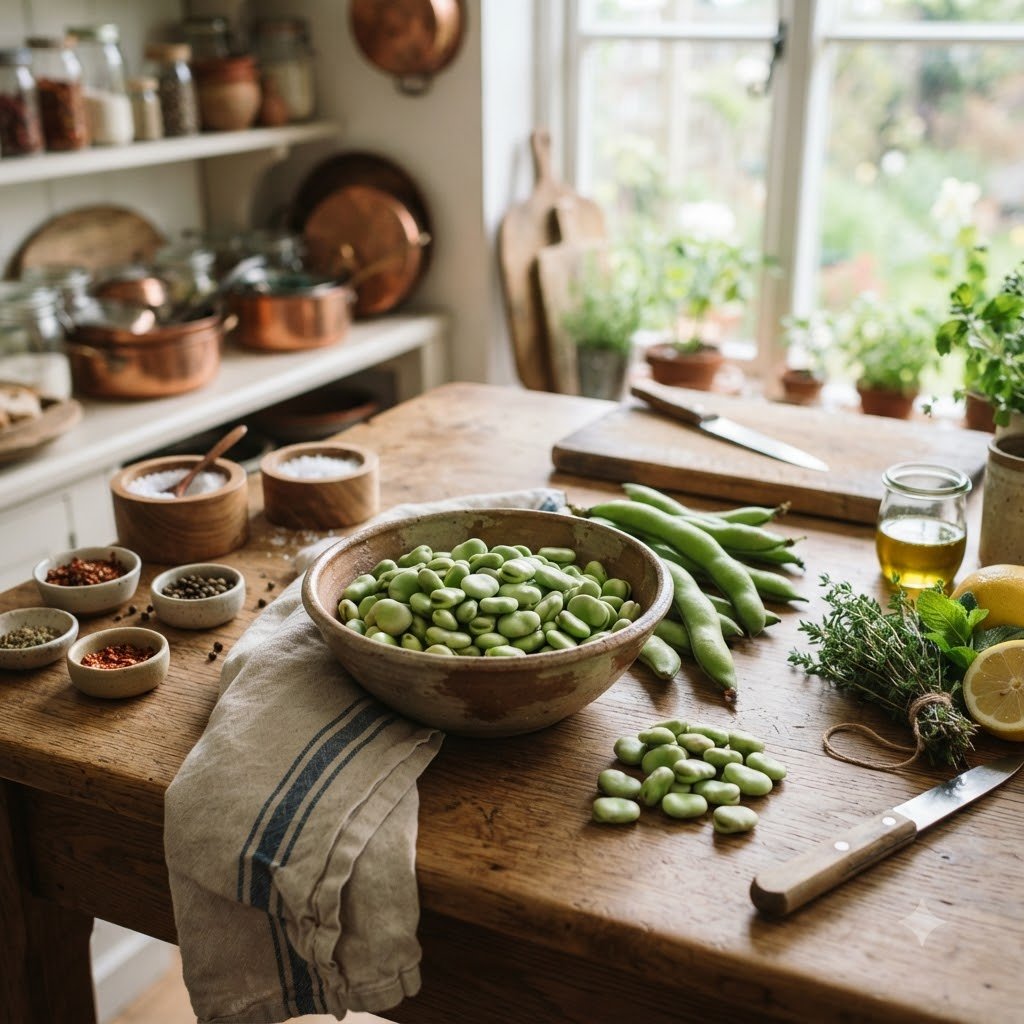 Bowl of freshly shelled fava beans with whole pods on a rustic wooden kitchen table.