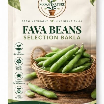 Nook & Nature Fava Beans Selection Bakla seed packet featuring a basket of fresh fava bean pods.