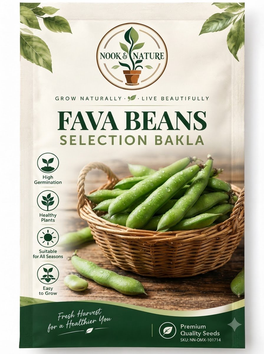 Nook & Nature Fava Beans Selection Bakla seed packet featuring a basket of fresh fava bean pods.