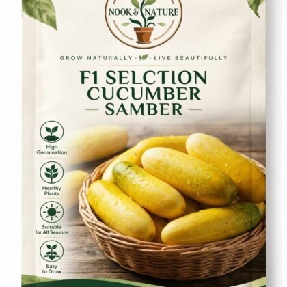 Nook & Nature F1 Selection Cucumber Samber seed packet featuring a basket of yellow cucumbers.