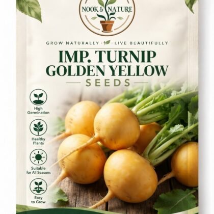 Seed packet for Imp. Turnip Golden Yellow featuring a pile of fresh golden turnips with green tops on a wooden table.