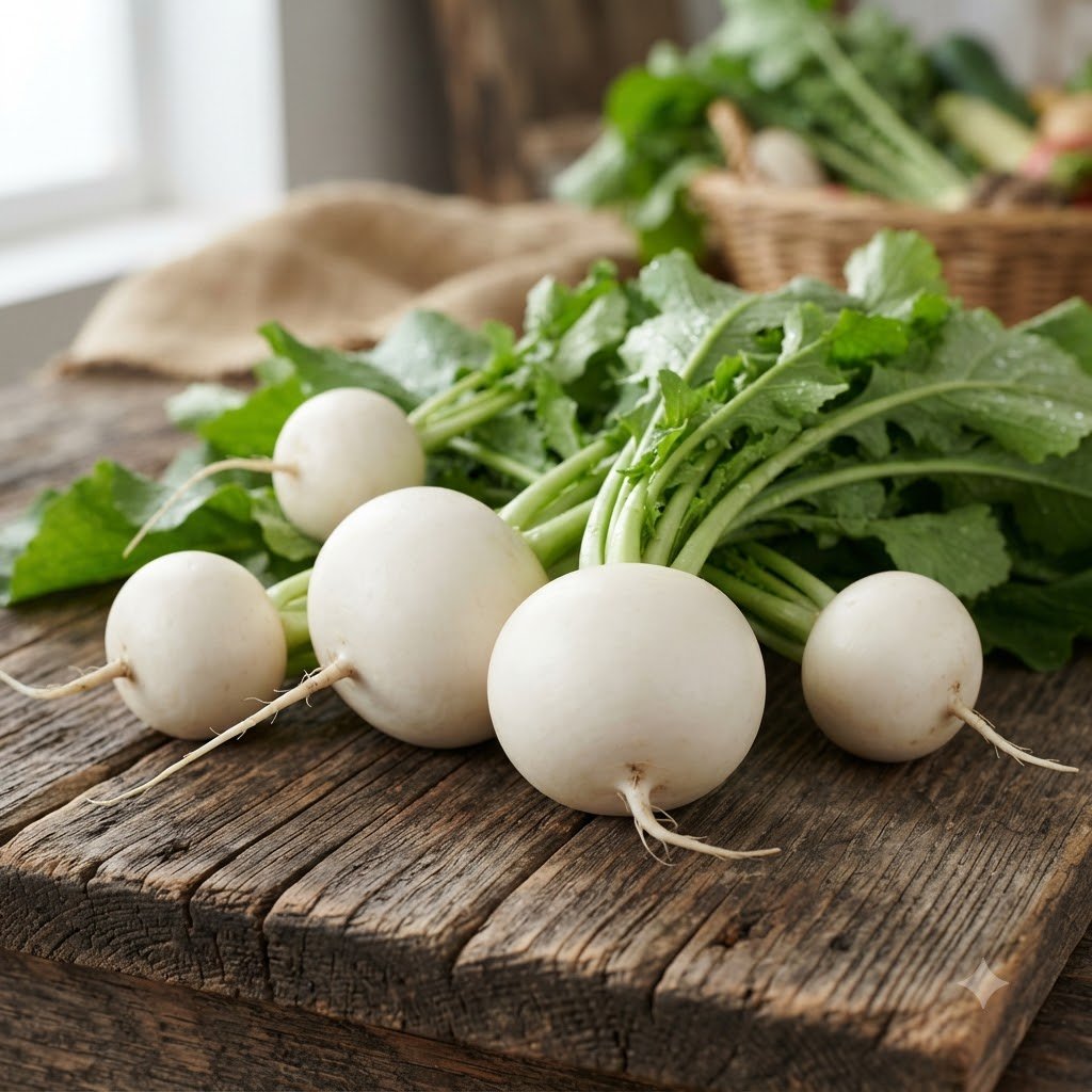 Fresh white turnips with green leafy tops on a rustic wooden table.