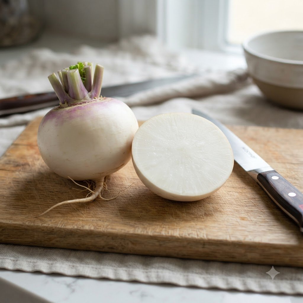 A whole white turnip with trimmed greens and a half turnip rest on a wooden cutting board with a knife.