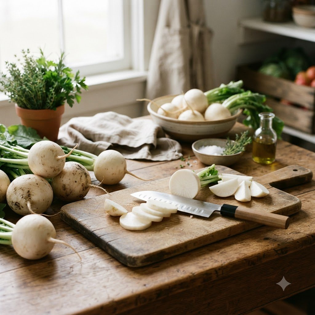 Fresh white turnip being sliced on a wooden cutting board with whole turnips and herbs nearby.