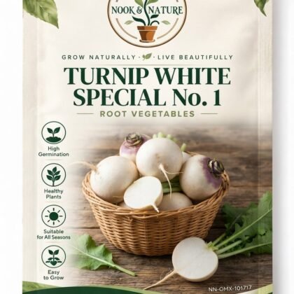 Seed packet for Turnip White Special No. 1 featuring a basket of white turnips on a wooden surface.