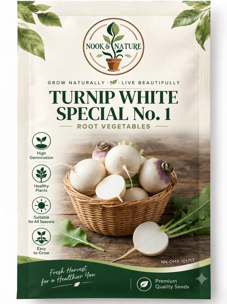 Seed packet for Turnip White Special No. 1 featuring a basket of white turnips on a wooden surface.