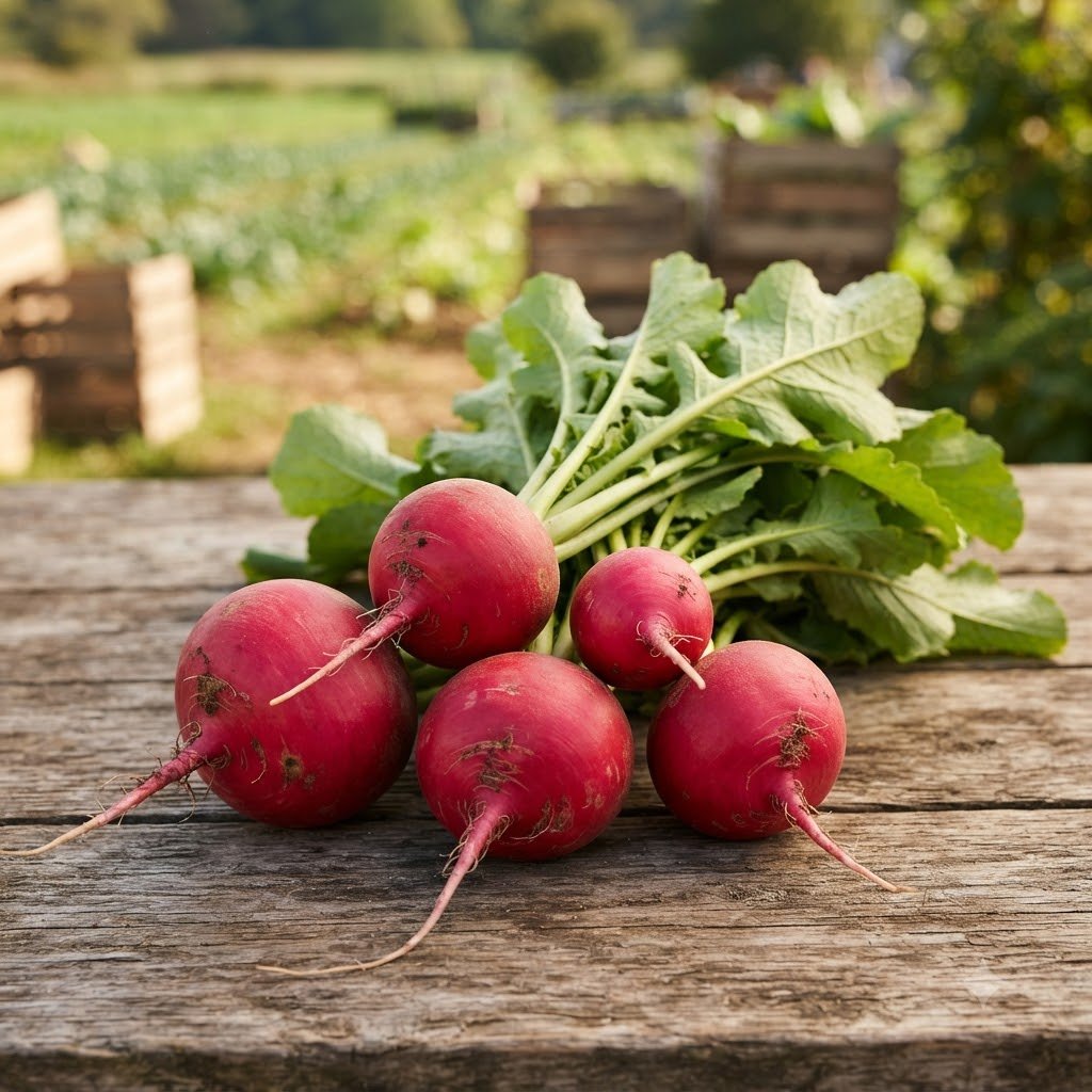 Freshly harvested Turnip OS Super Red turnips with lush green leaves on a wooden table.