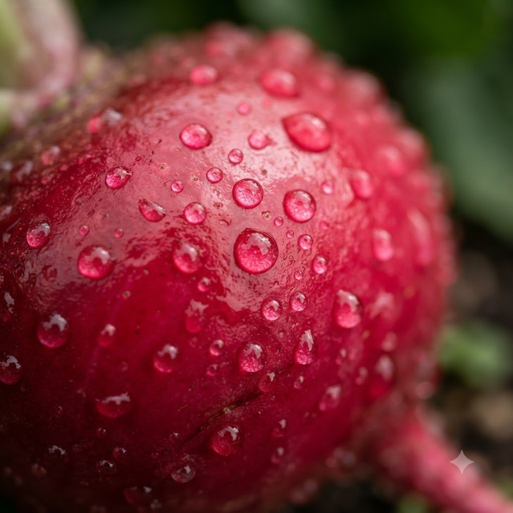 Macro shot of a red turnip covered in water droplets.