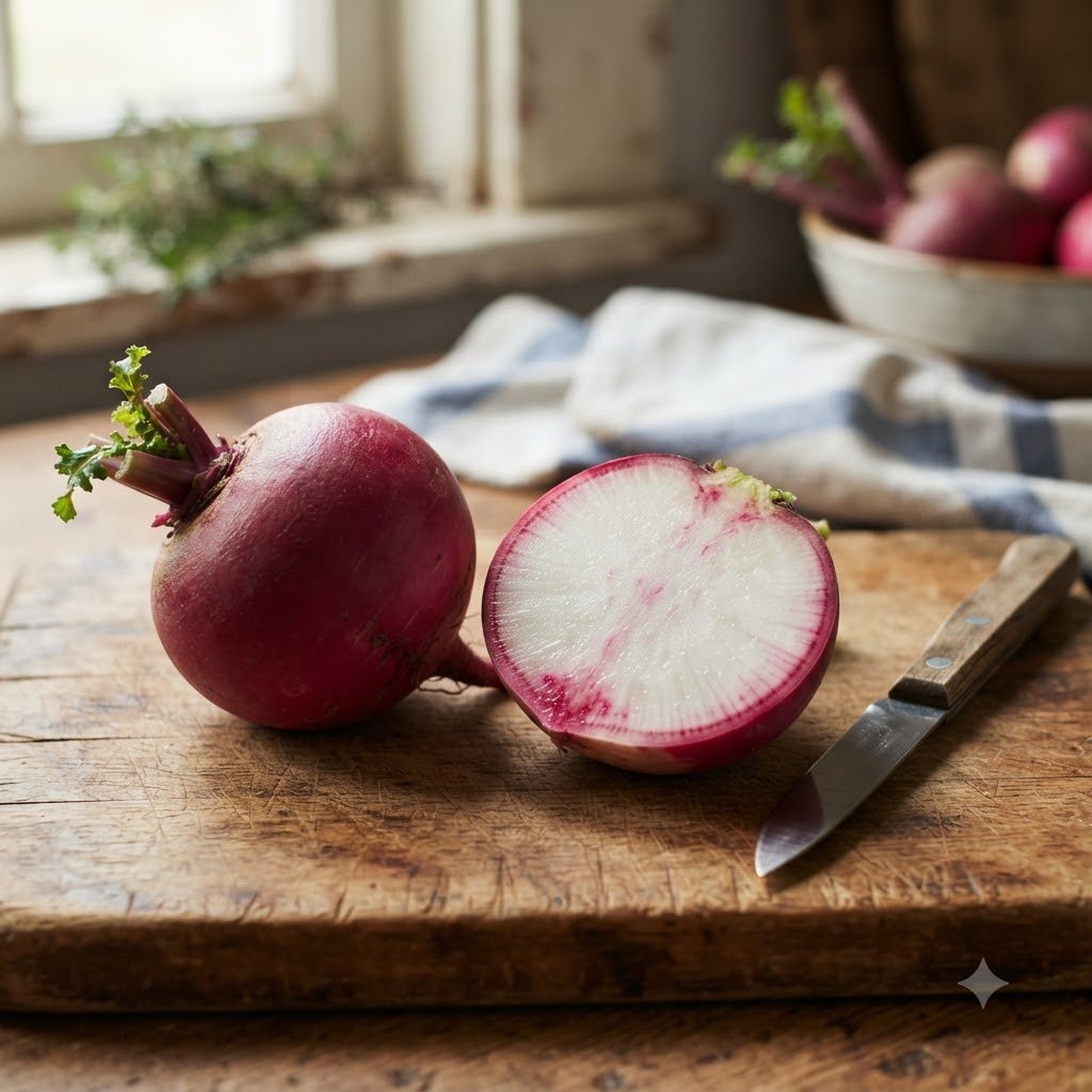 One whole turnip and one halved turnip on a wooden cutting board with a knife.