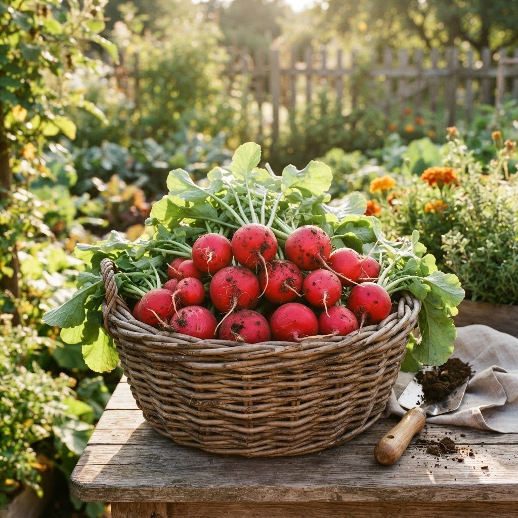 Basket of freshly harvested red turnips on a wooden garden table.