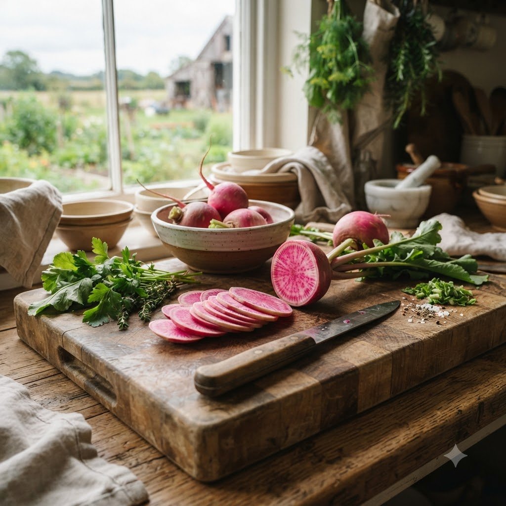 Sliced turnip on a wooden cutting board with herbs, a knife, and whole turnips in a bowl by a window.