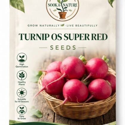 Nook & Nature seed packet for Turnip OS Super Red featuring a basket of red turnips on a wooden background.
