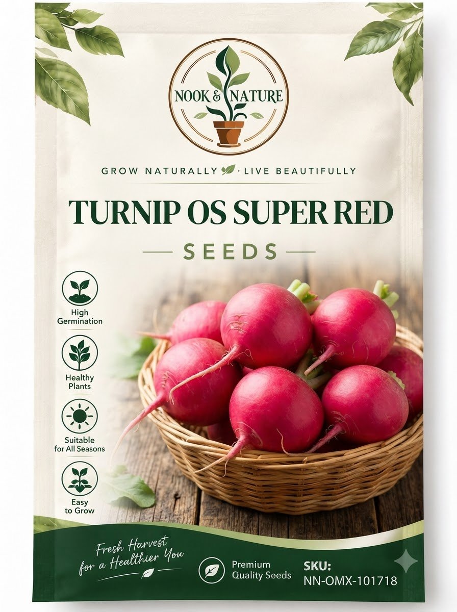 Nook & Nature seed packet for Turnip OS Super Red featuring a basket of red turnips on a wooden background.