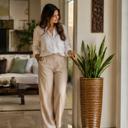 A woman stands next to a tall, ring-textured Ringstone High Planter holding a plant in a bright living room.