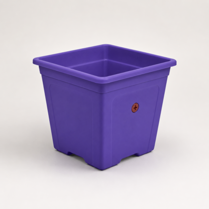 Purple Square Time Planter with a red plug on the side against a neutral background.