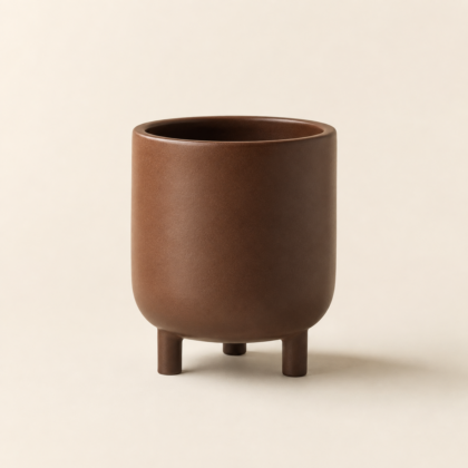 Brown cylindrical table top planter on three small feet against a neutral background.