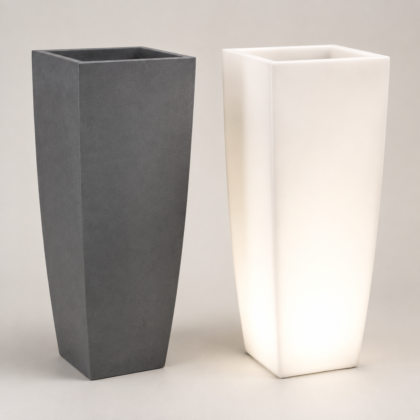 Two tall, square Tulip planters, one dark grey and one glowing white.