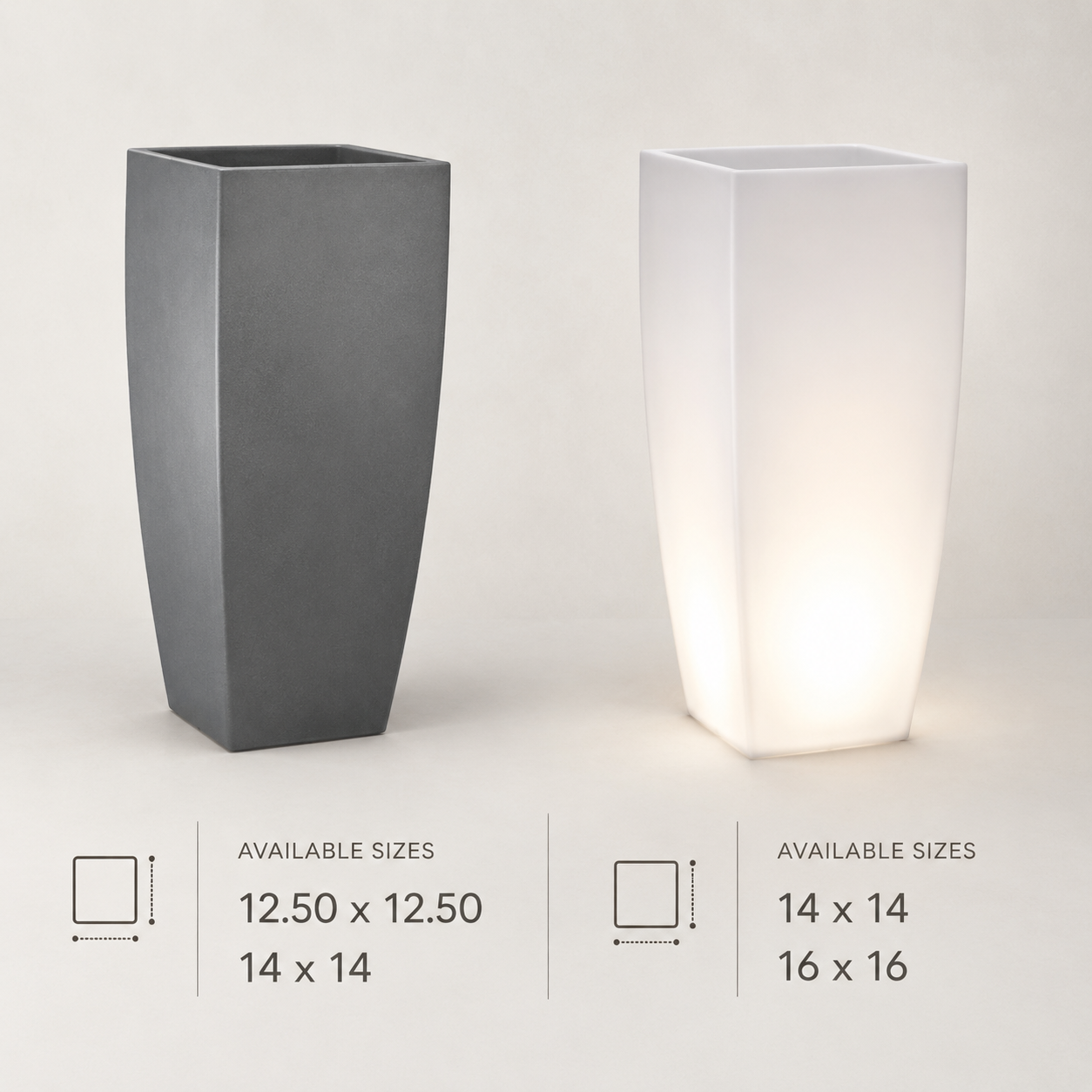 Two Tulip Square Planters shown with size options, one dark grey and one illuminated white.