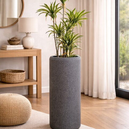 Daisy Fiberglass Round Planter - Rustic Granite