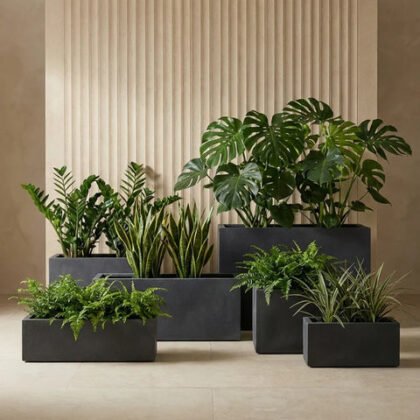 Rectangle fiberglass rustic planter lifestyle