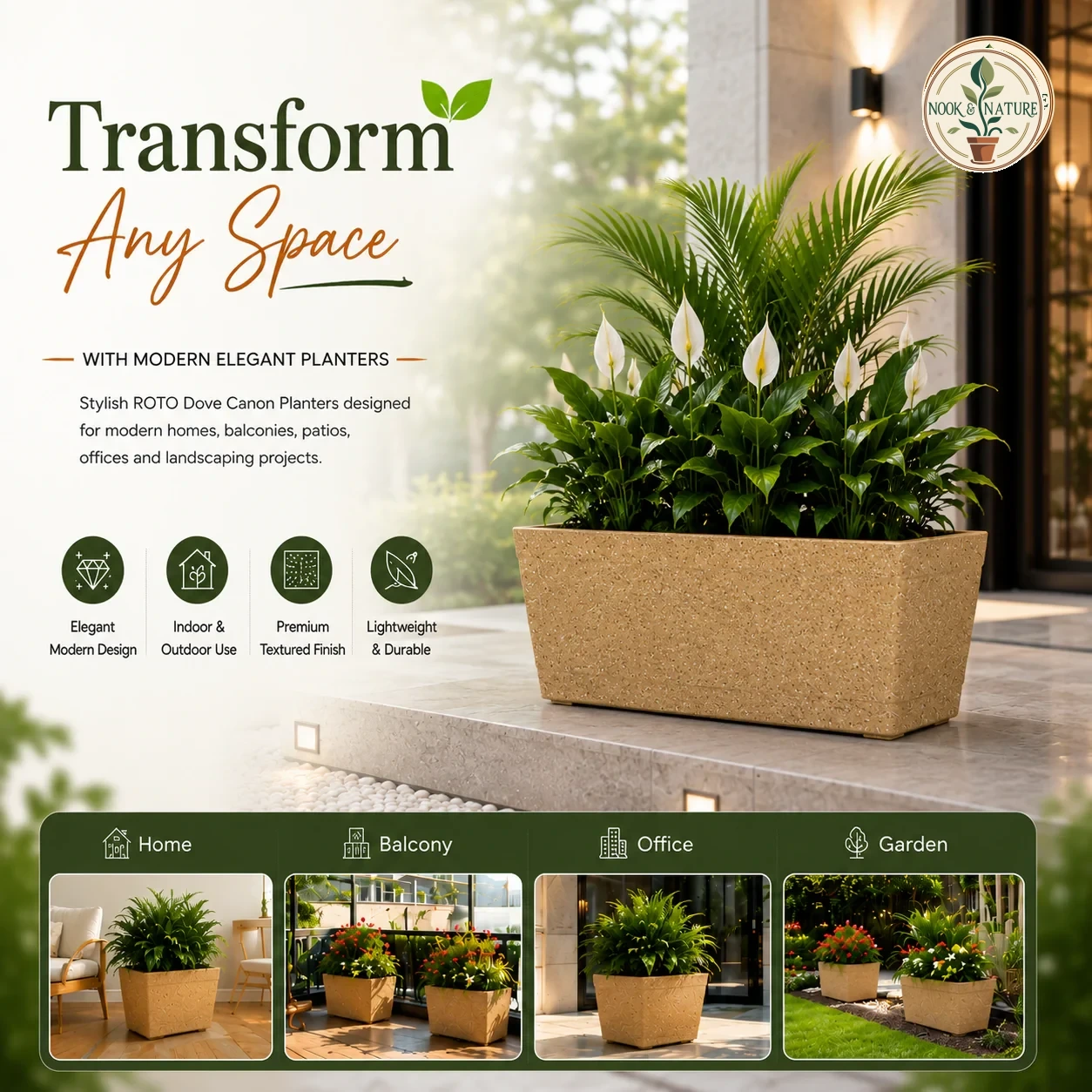 Roto Dove Canon Rectangle Planter with Dot Finish Color - Nook & Nature
