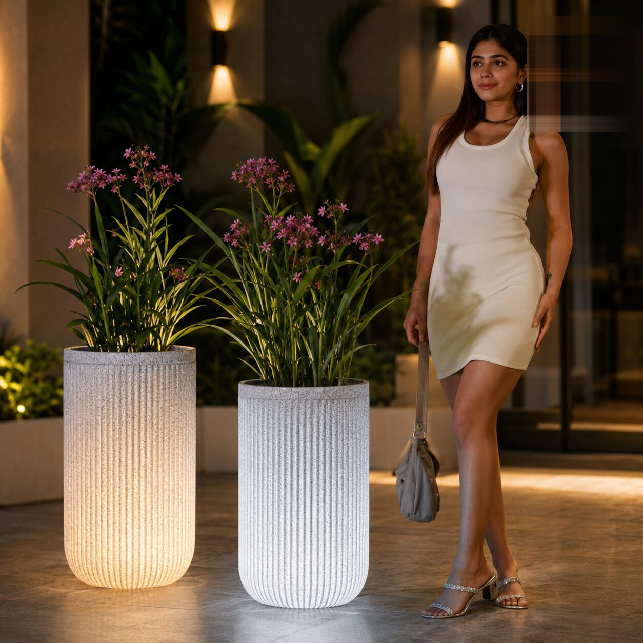 Tokyo High Illuminated Planter Tokyo 75 Cream Stone Polypropylene Built In Multi Colour Led Usb Rechargeable Tall Round Planter - Nook & Nature