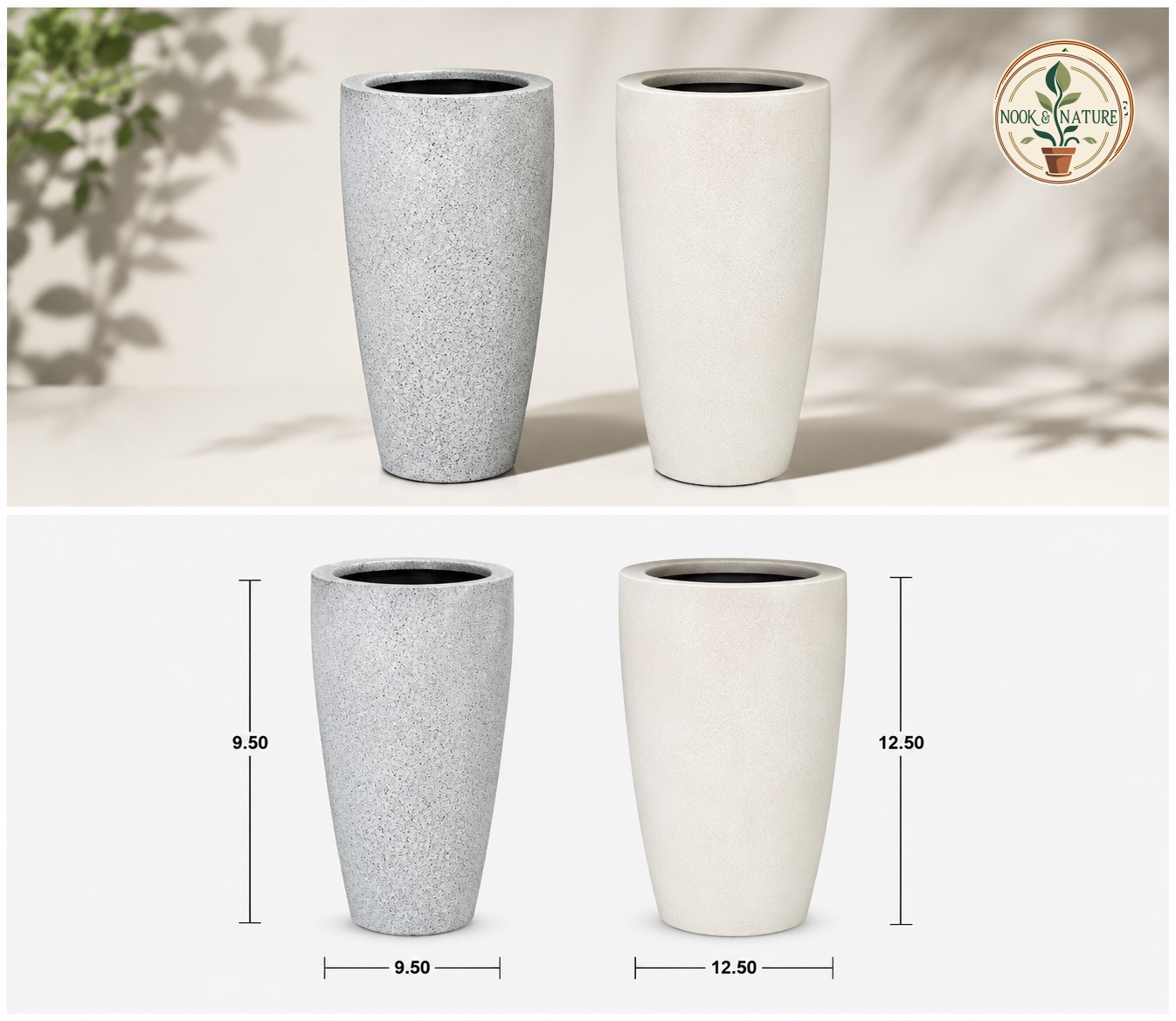 Two Tulip Round Planters in different finishes and size dimensions.