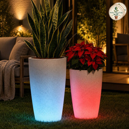 Venice Illuminated Planter Venice Big Cream Stone Polypropylene Built In Multi Colour Led Usb Rechargeable Tall Tapered Planter - Nook & Nature