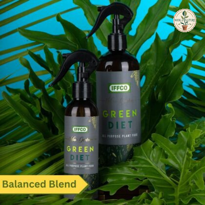 IFFCO Green Diet all-purpose plant food spray bottles set against a tropical foliage background.