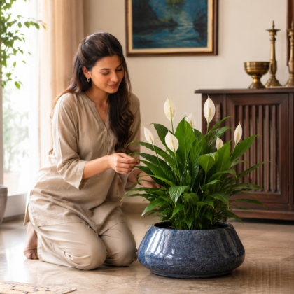 Woman kneeling beside a small blue ceramic bowl planter with a leafy green plant.